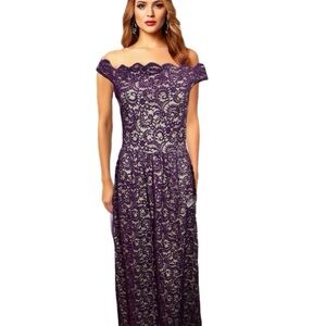 Yellow Star Womens Plum Lace Nude Maxi Off Shoulder Dress Size M USA MADE